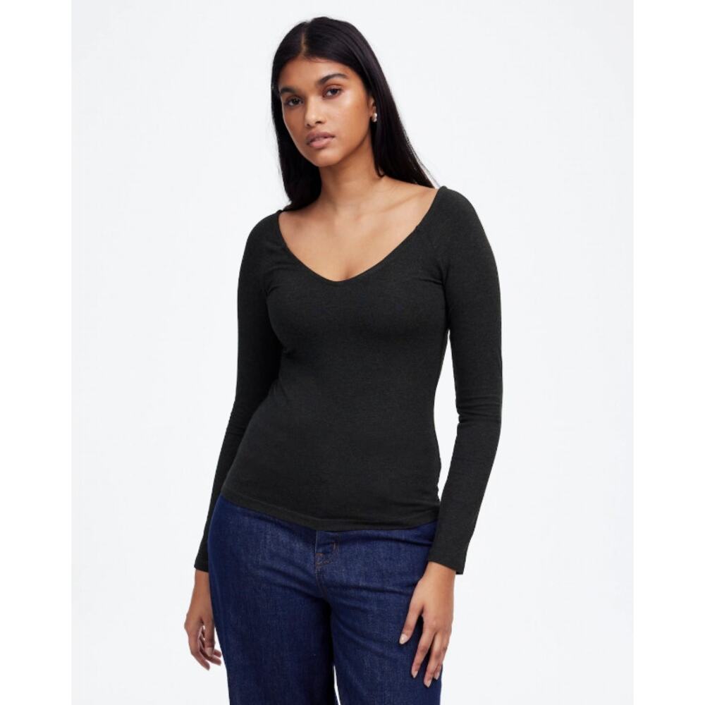 Madewell Jersey Double V-Neck Long-Sleeve Top WMNS S Black Long Sleeve Slim Fit